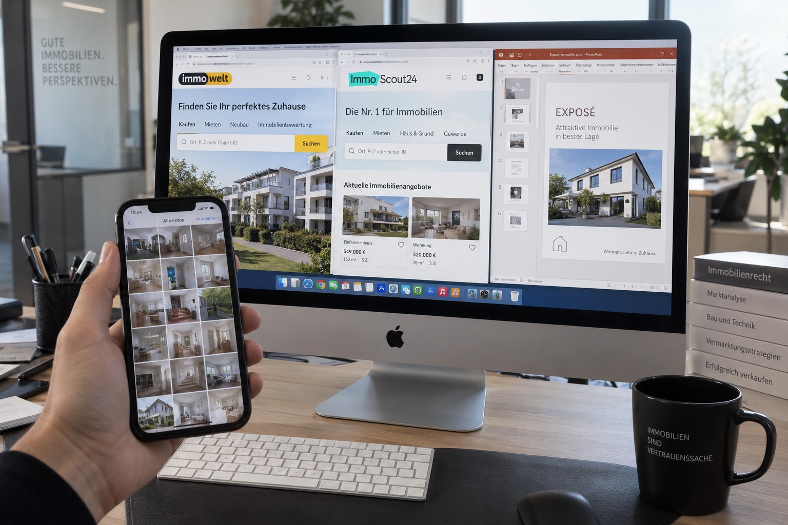 Maklerin bearbeitet Objektfotos am Mac mit Immobilienportalen und Exposé
