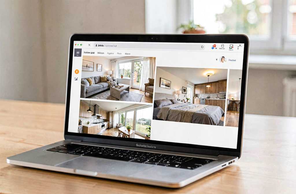 Ausschnitt eines Laptops, der eine strukturierte Galerie von hochwertigen Immobilienfotos in chronologischer Reihenfolge anzeigt.