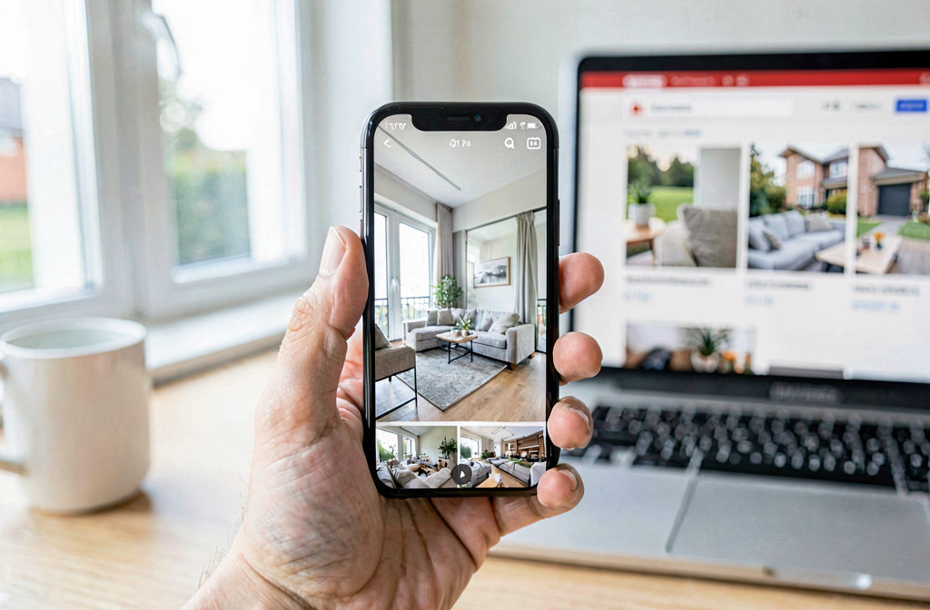 Nahaufnahme eines Smartphones, das ein helles, gut beleuchtetes Wohnzimmer fotografiert, neben einem Laptop mit geöffnetem Exposé.